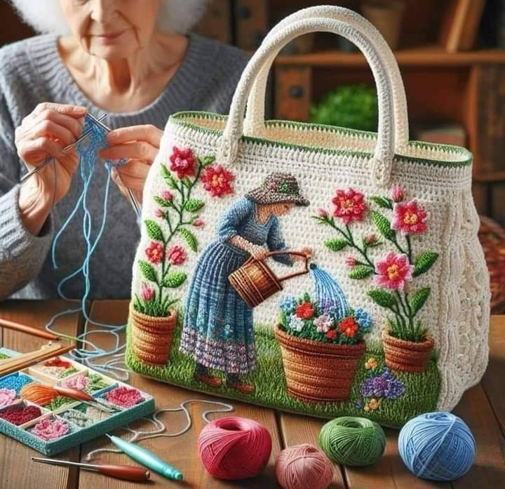 White crocheted handbag with embroidered scene of girl watering flowers, displayed with colorful yarn balls
