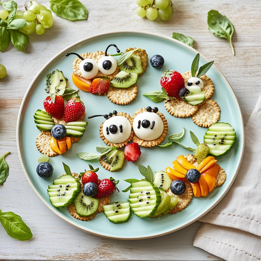 Plate of cute animal-shaped fruit snacks made with crackers, kiwi, strawberries, blueberries, and orange slices