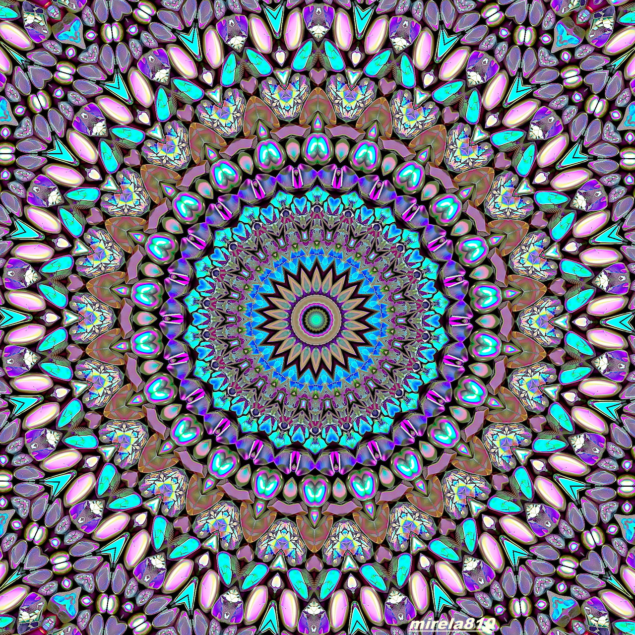 Ornate mandala with radial symmetry in turquoise, purple, pink and gold geometric patterns