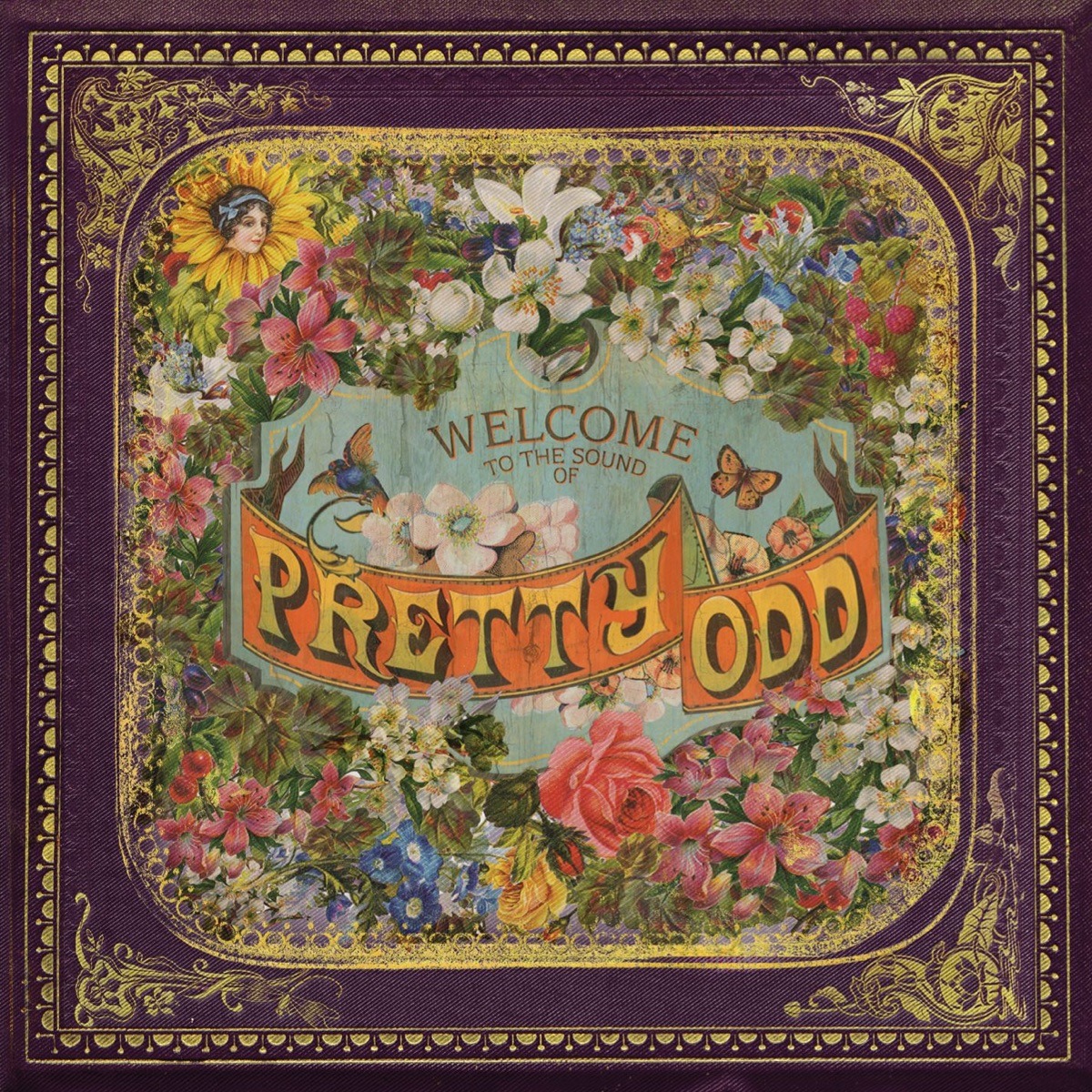 Decorative album artwork with flowers, butterflies, teacups, and Pretty Odd text in the center