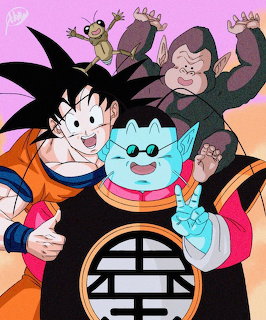 Dragon Ball anime characters posing together with a pink and orange background