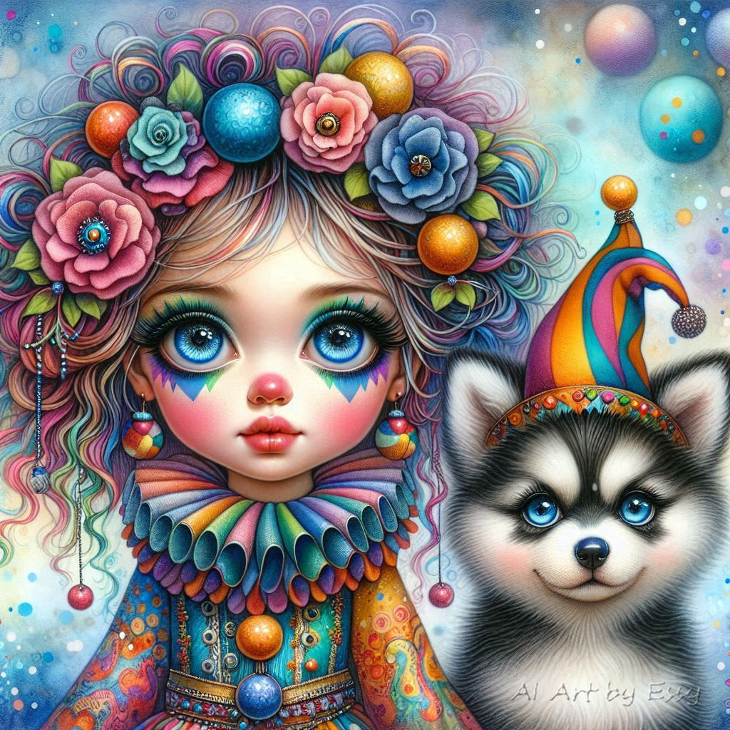 Illustration of girl in clown costume with flowers in hair next to husky dog with blue eyes