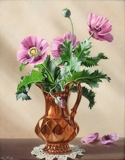 Still life painting of pink anemone flowers in a copper vase on a lace doily against a beige background