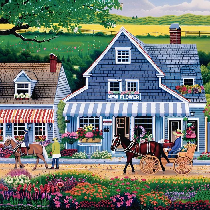 Folk art illustration of a blue flower shop building with horse and carriage in front, surrounded by vibrant flower gardens