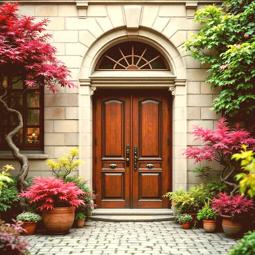 Wooden Door with Acer Trees