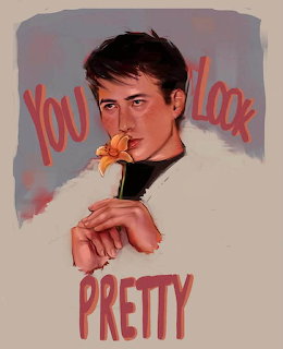 Digital painting of a young man holding an orange flower with text You Look Pretty