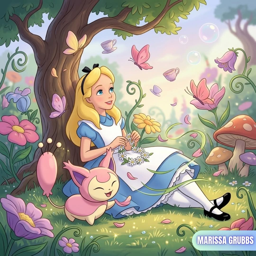 Alice in blue dress sitting under tree reading in magical garden with flowers and butterflies