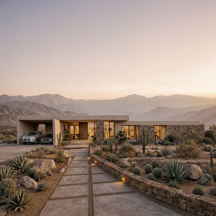 Modern desert house with cacti, stone path, and mountains at sunset