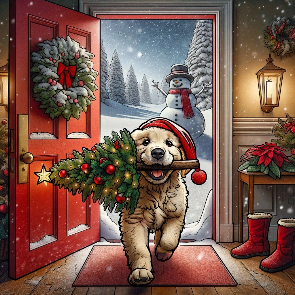 Golden retriever puppy wearing Santa hat carrying Christmas wreath through decorated doorway with snowy scene behind