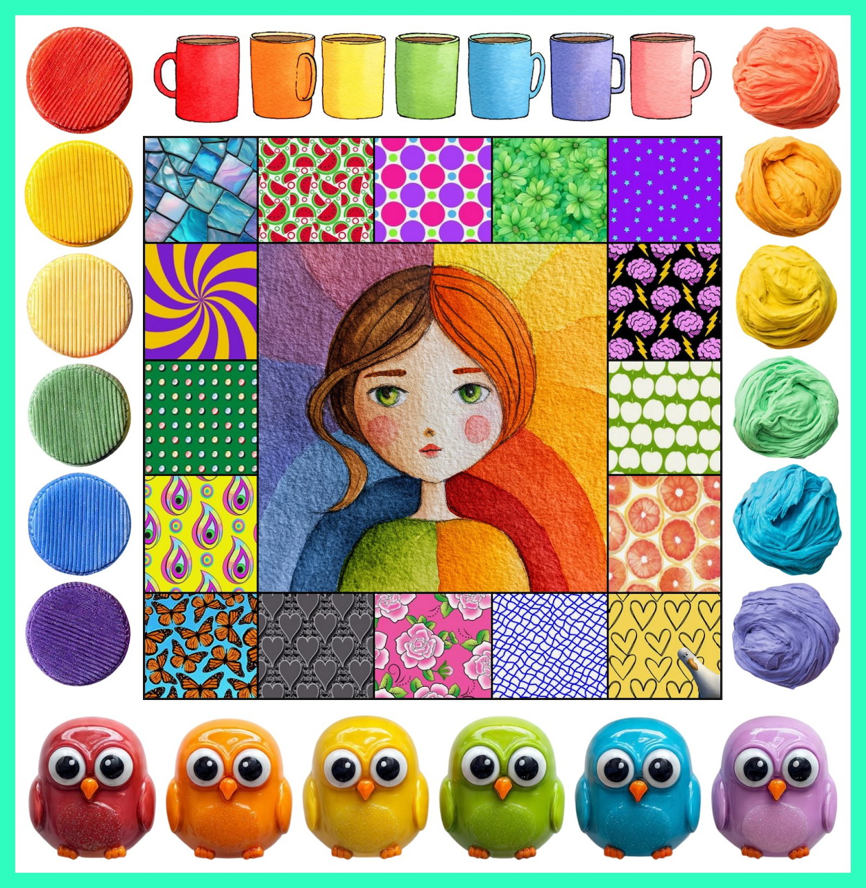 Colorful patchwork art of a young girl with patterned tiles, paint circles, mugs, and owl figures