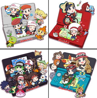 Chibi Pokémon trainers illustrated on Nintendo DS game cartridges in four different color schemes