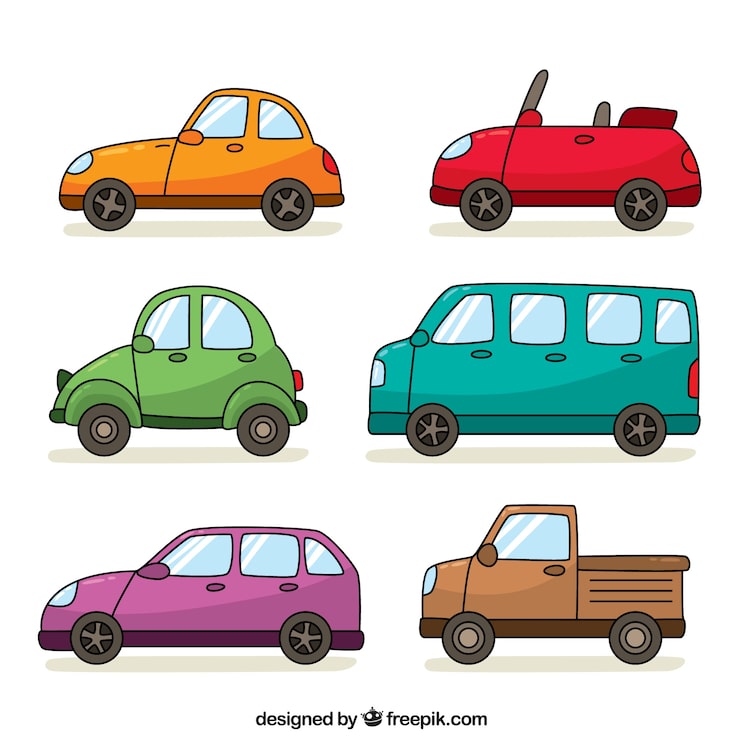 Six colorful cartoon cars arranged in two columns on a white background
