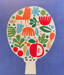 Colorful folk art tree with stylized birds, apple, flowers, and leaves in a round canopy on blue background