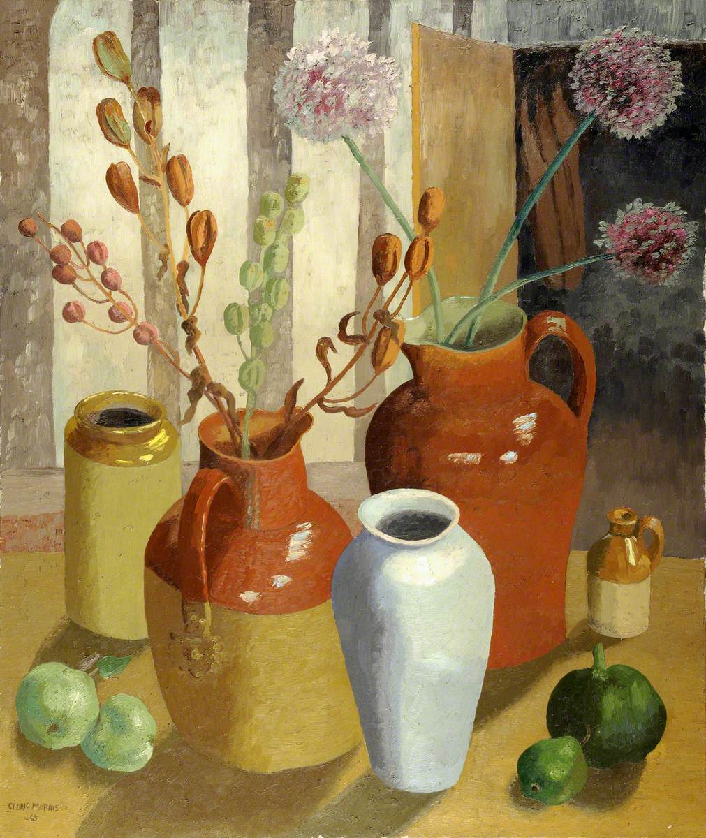 Still life painting with ceramic pots, a white vase, flowers, dried stems, and green fruit on a table