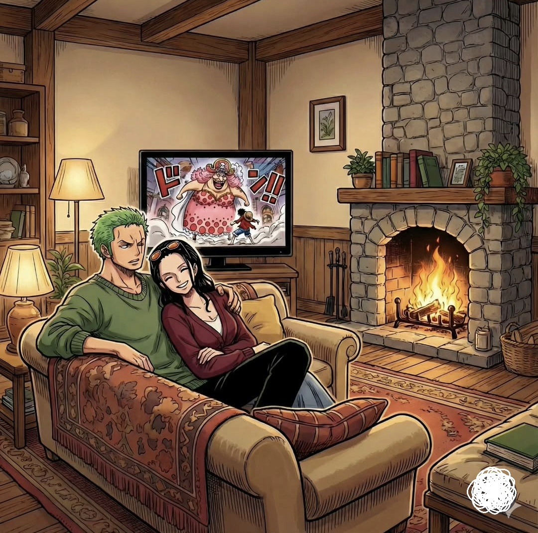 Couple sitting together on couch in cozy living room with fireplace