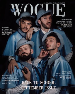 Four men in blue suits and hats on a Vogue magazine September issue cover