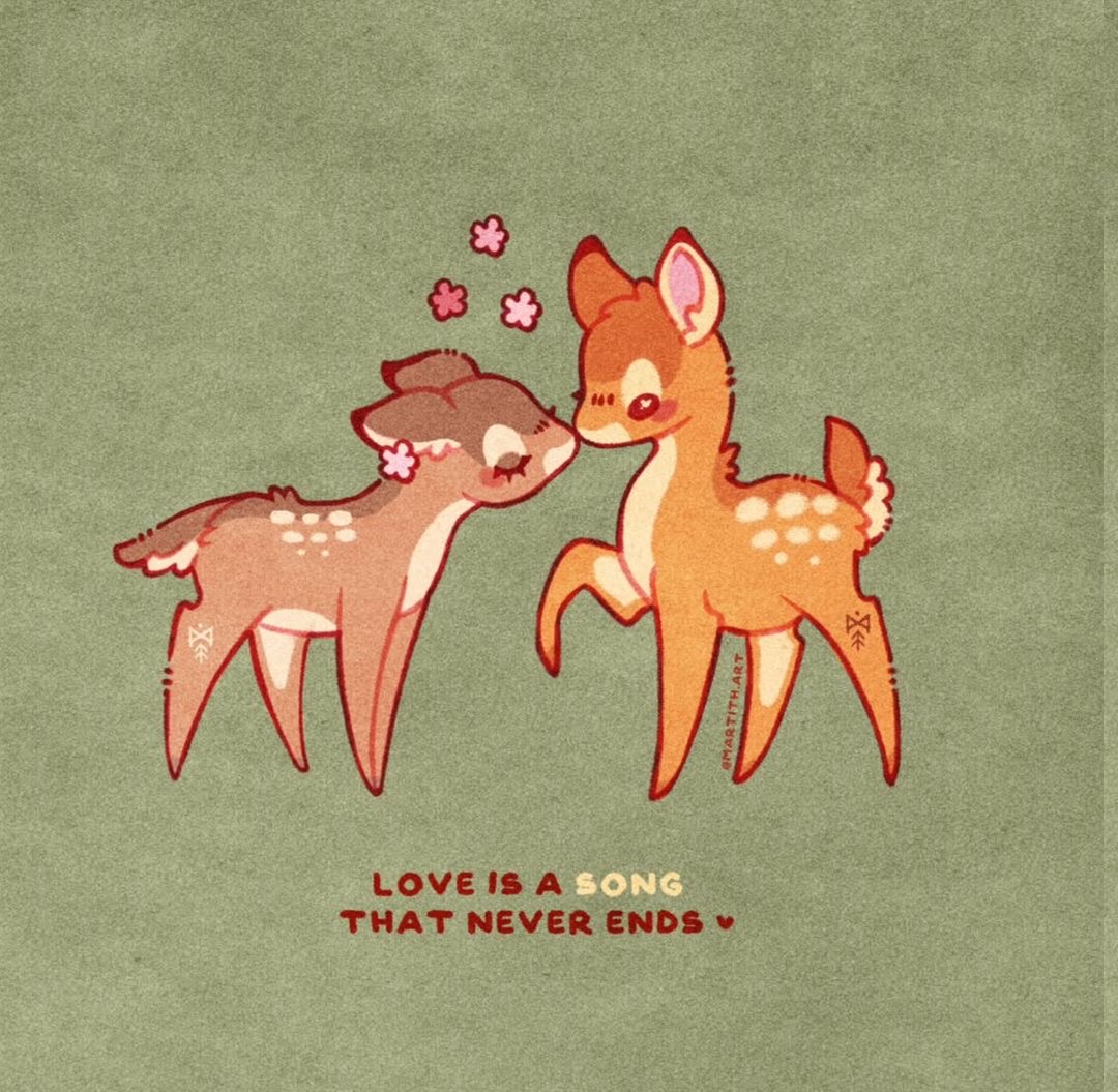 Cute illustration of two deer touching noses on a green background with small flowers