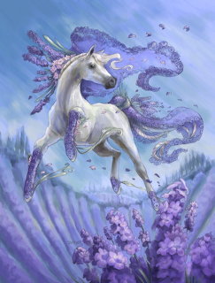 White unicorn with purple flowing mane leaping through lavender field under blue sky with butterflies