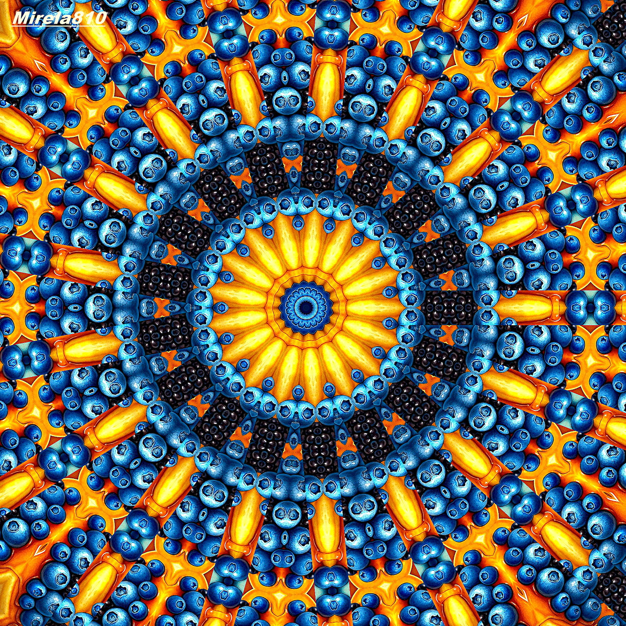 Colorful symmetrical mandala with blue and orange circular patterns radiating from golden center