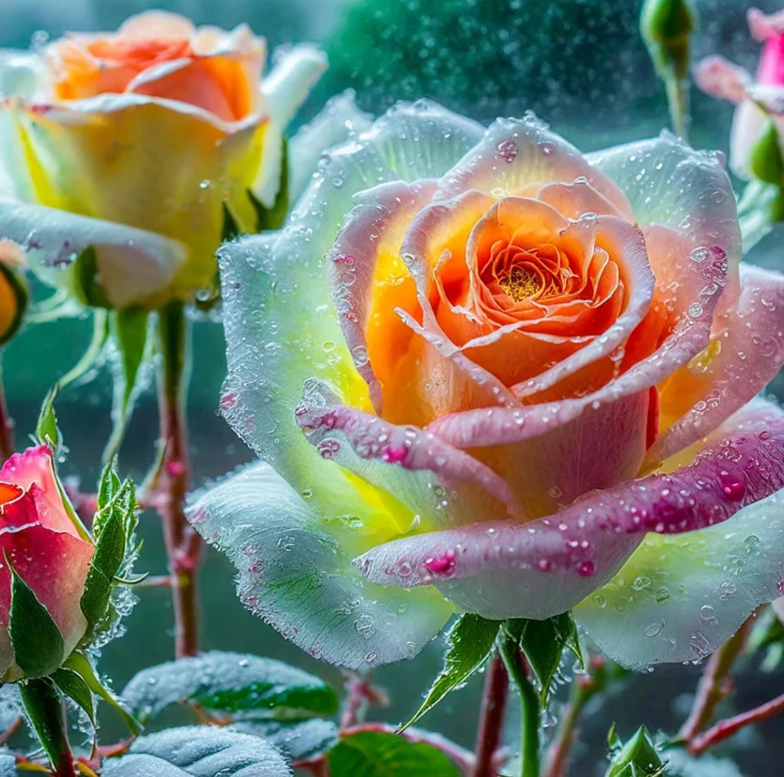 Close-up of a pastel rose with dew drops, surrounded by other roses and soft garden colors