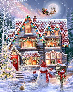 Festive cottage with Christmas lights and snow-covered yard on a winter evening with Santa sleigh in moonlit sky