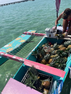 Colorful boat filled with crates of pineapples on calm turquoise water
