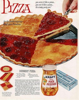 Vintage magazine ad showing dessert pizza with fruit toppings and Kraft cream cheese product