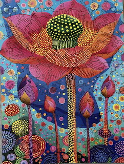 Colorful dot art painting of a large pink lotus flower with buds and decorative patterns on blue background
