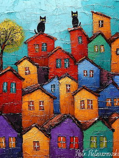 Colorful Village with Cats