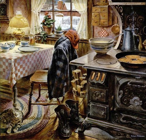 Woman in plaid dress cooking at antique stove in cozy rustic farmhouse kitchen with checkered table and window light