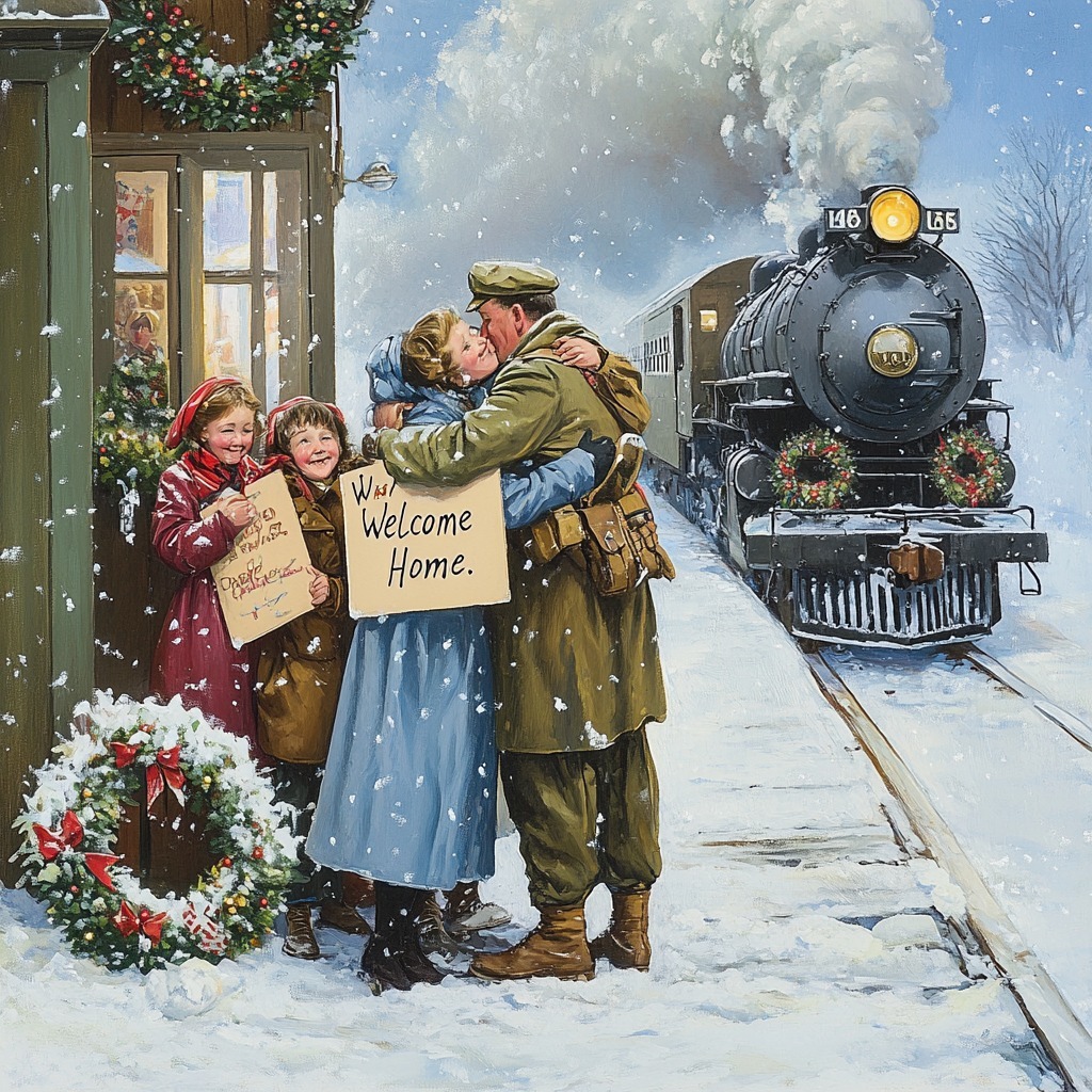 Family holding welcome signs at snowy train station with approaching steam locomotive during Christmas