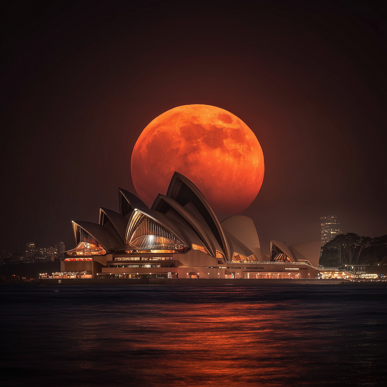 Sydney Opera House in front of a large orange moon over dark water at night