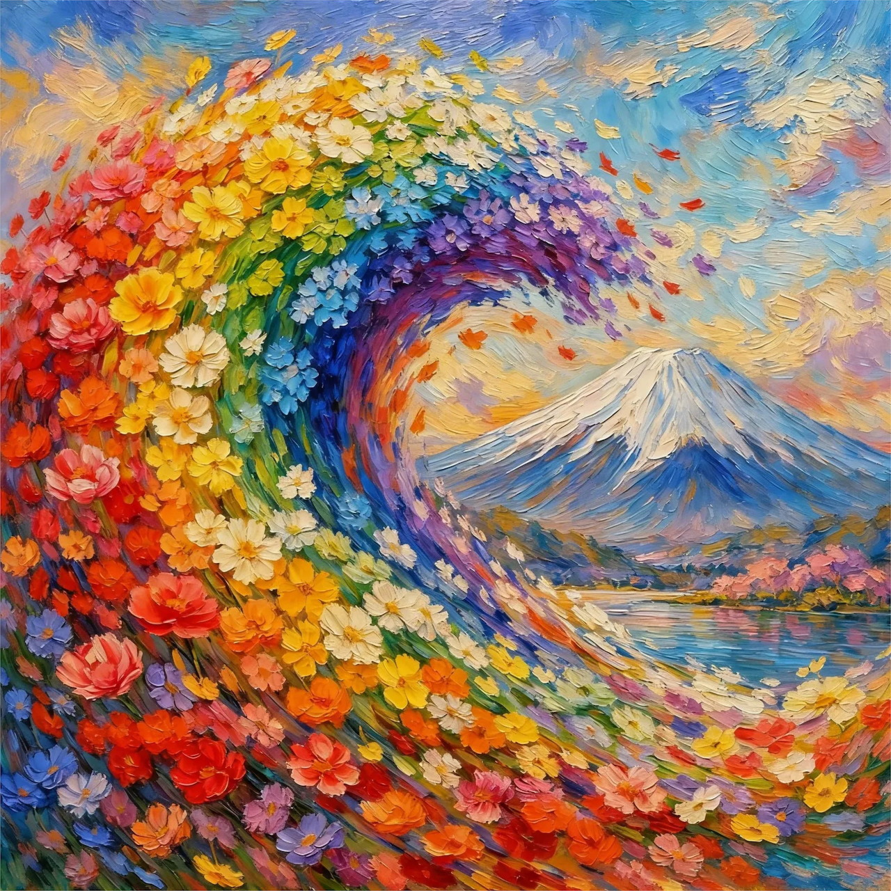 Colorful wave made of rainbow flowers arching over mountain under dynamic painted sky