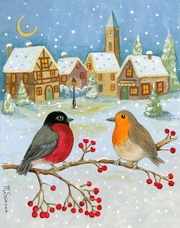 Two colorful birds on a branch with red berries above a snowy winter village scene with church and cottages