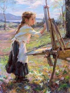 Young girl in white blouse painting at wooden easel in pastoral landscape with flowers