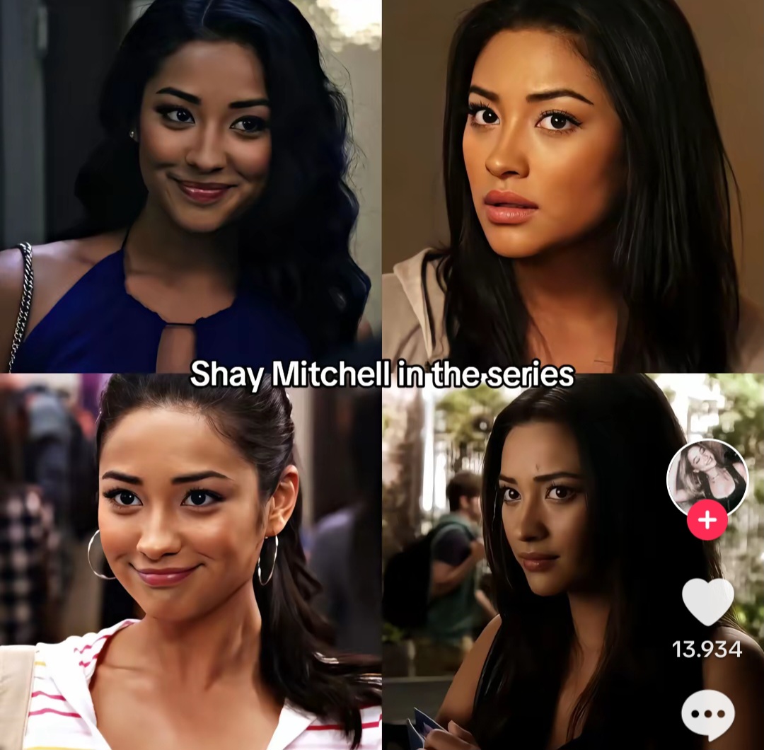Square collage of four portrait images of Shay Mitchell from a TV series