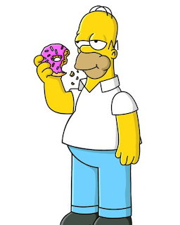 Homer Simpson holding a pink donut with sprinkles