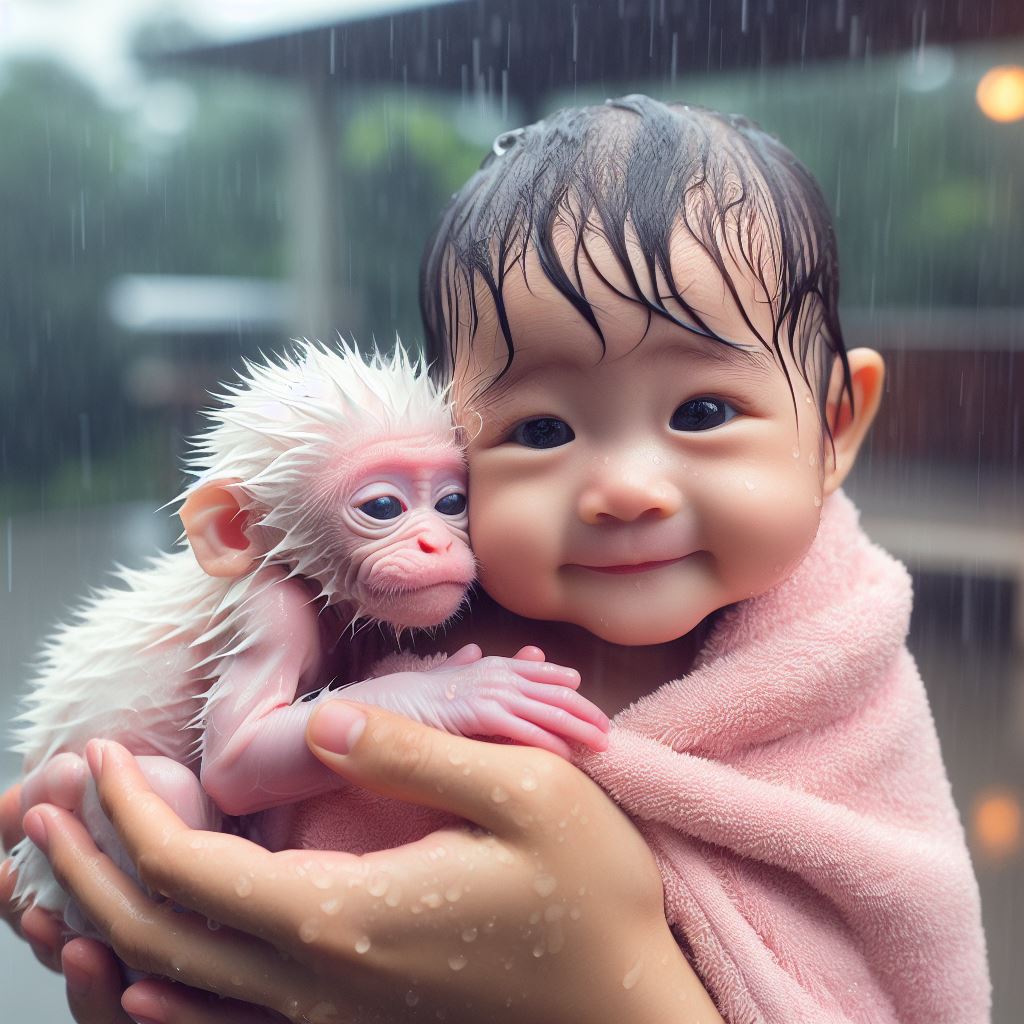 Smiling baby in pink towel holding a small baby monkey outdoors in the rain