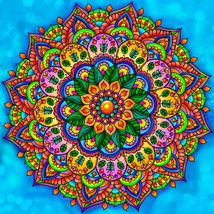 Vibrant symmetrical mandala with layered floral patterns in rainbow colors on blue background