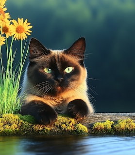 Siamese Cat by Pond