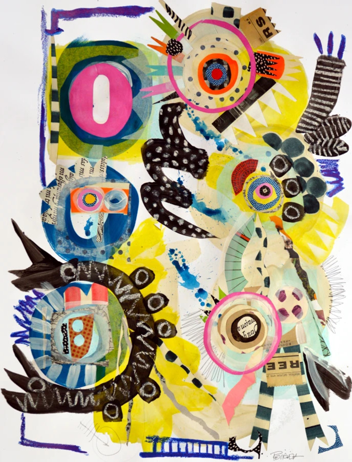 Abstract collage with overlapping circular shapes, geometric patterns, and colorful mixed media elements