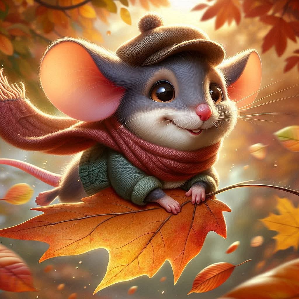 Cute cartoon mouse in beret and scarf on autumn leaf with fall colors