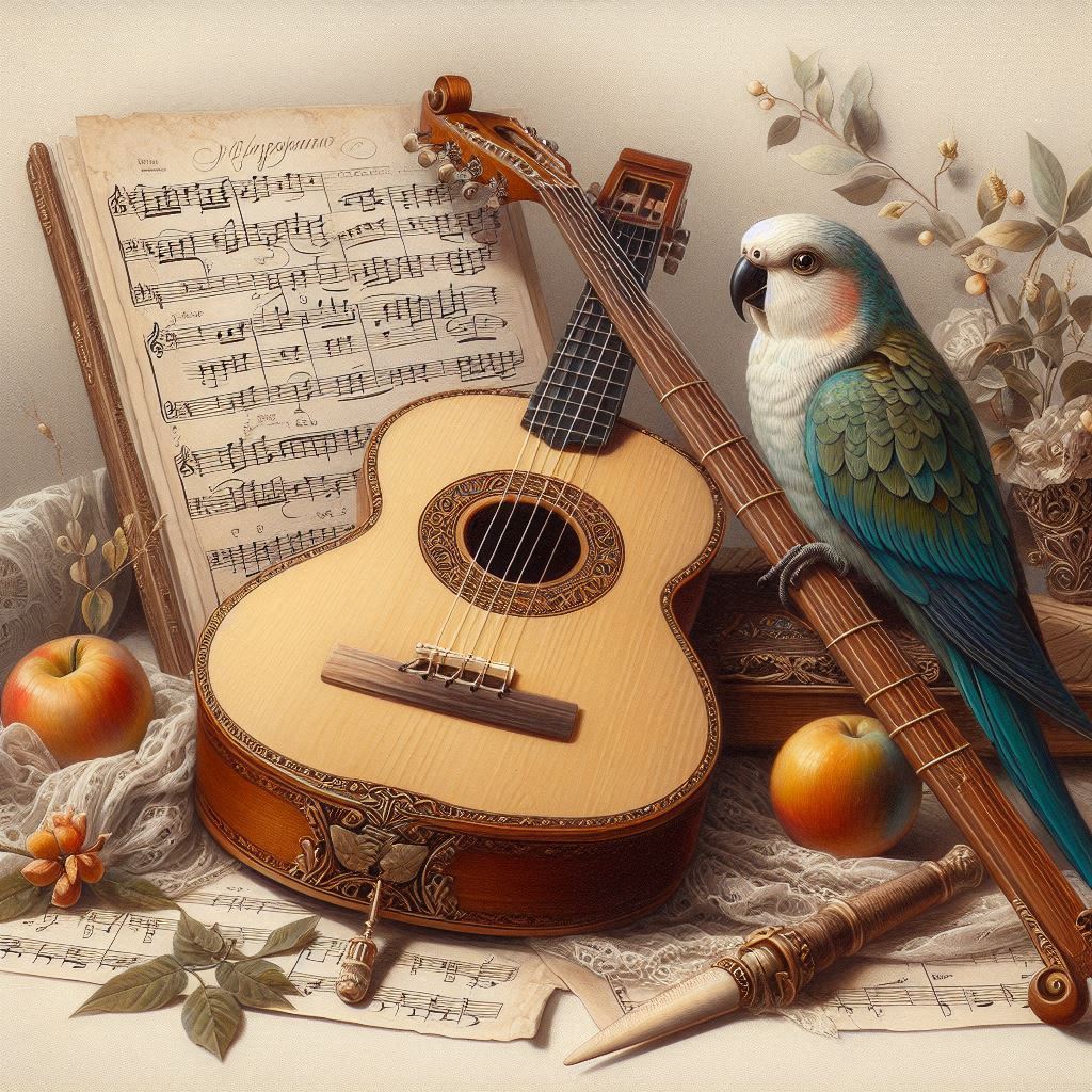 Classical lute on sheet music with a blue and white parrot and oranges on a wooden table