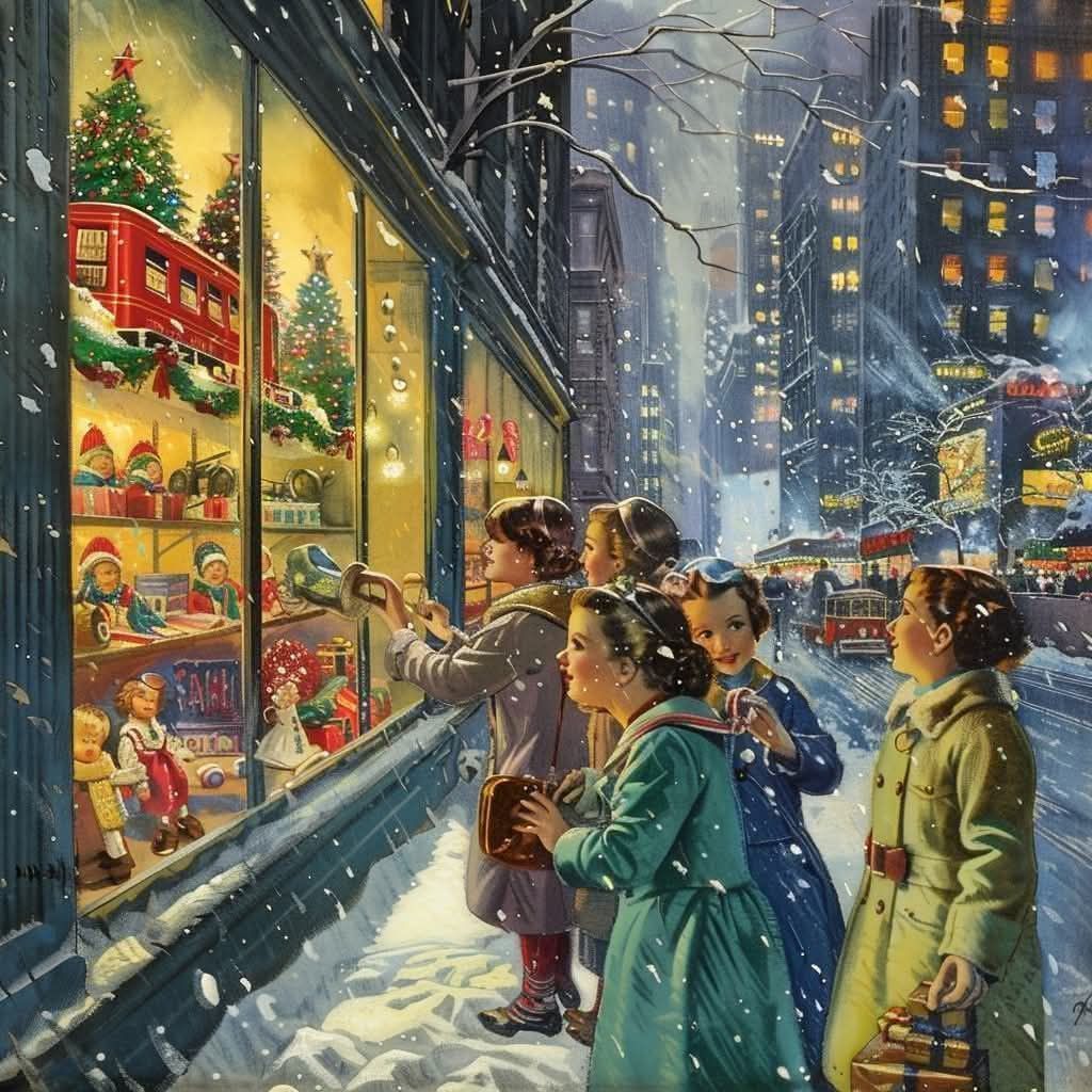 Vintage painting of children looking into a Christmas shop window on a snowy city street