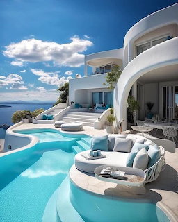 White modern seaside resort with curved architecture and turquoise pools overlooking the ocean