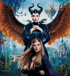 Maleficent with black horns and brown wings standing behind a young woman with a fairytale castle in the background