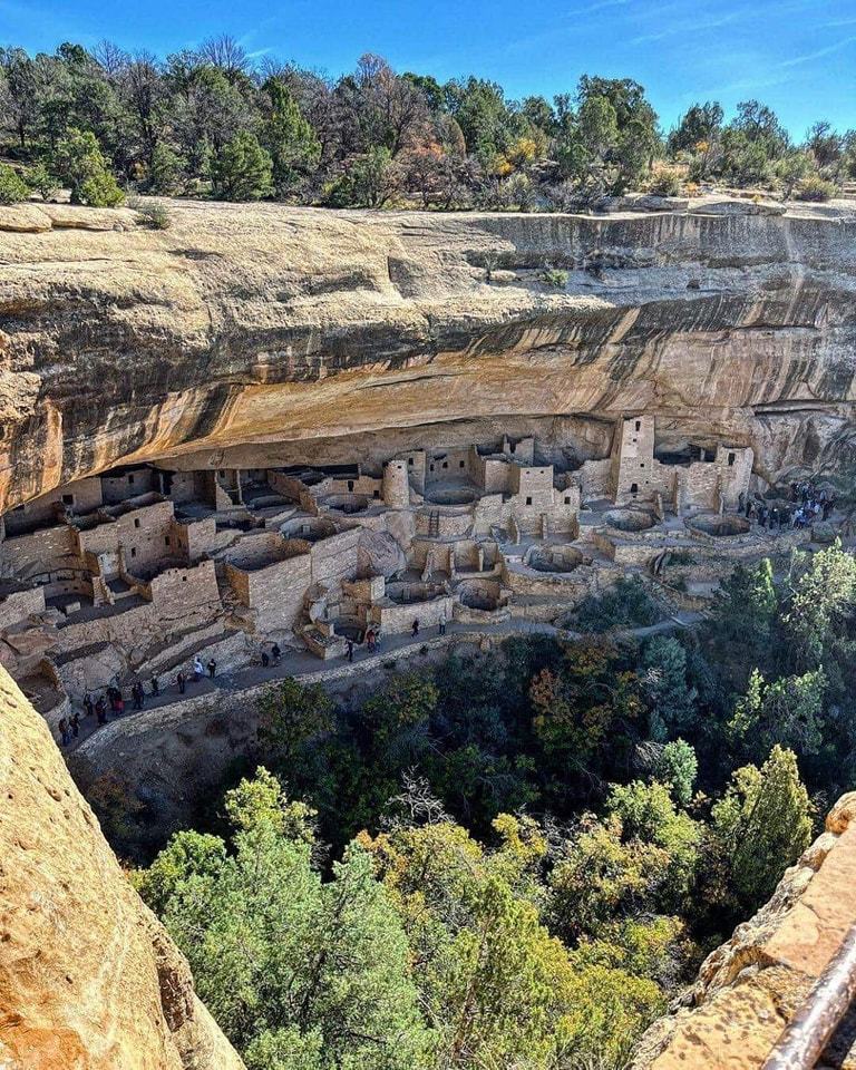Cliff Palace ancient cliff dwellings at Mesa Verde National Park, Colorado, built into a sandstone canyon wall
