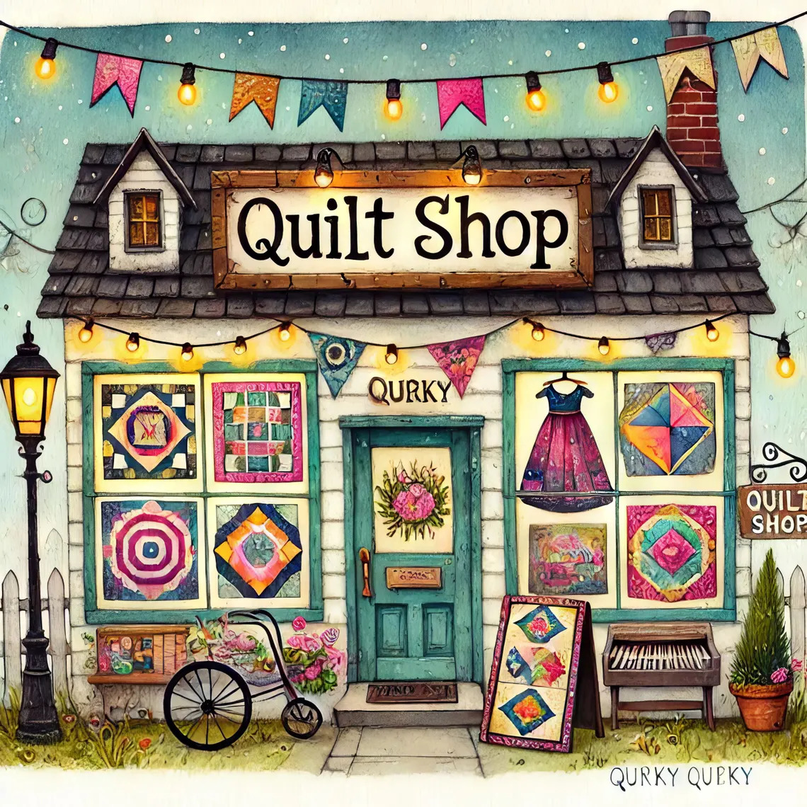 Illustrated quilt shop storefront with colorful quilt displays, bunting flags, and bicycle outside