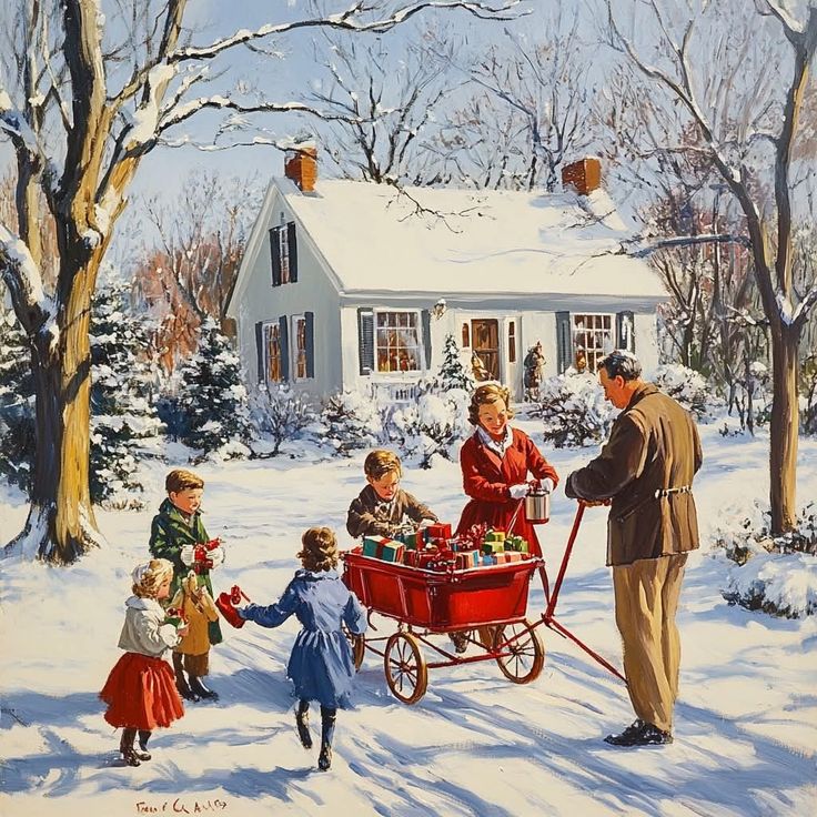 Family with children and red wagon full of Christmas gifts in snowy front yard of white house