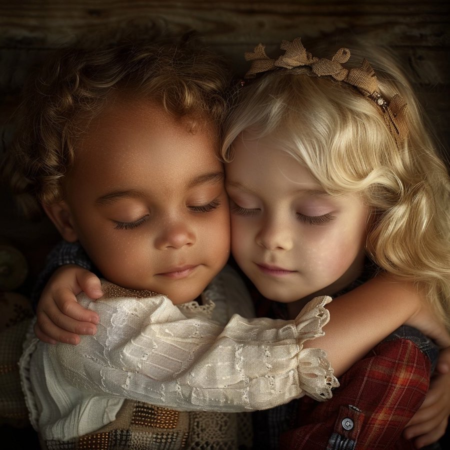 Two young children hugging closely with eyes closed in warm soft light